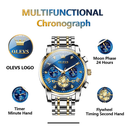 OLEVS Men's Watches Classic Multifunctional Fltwheel Chronograph Original Quartz Wristwatch Moon Phase 24 Hour