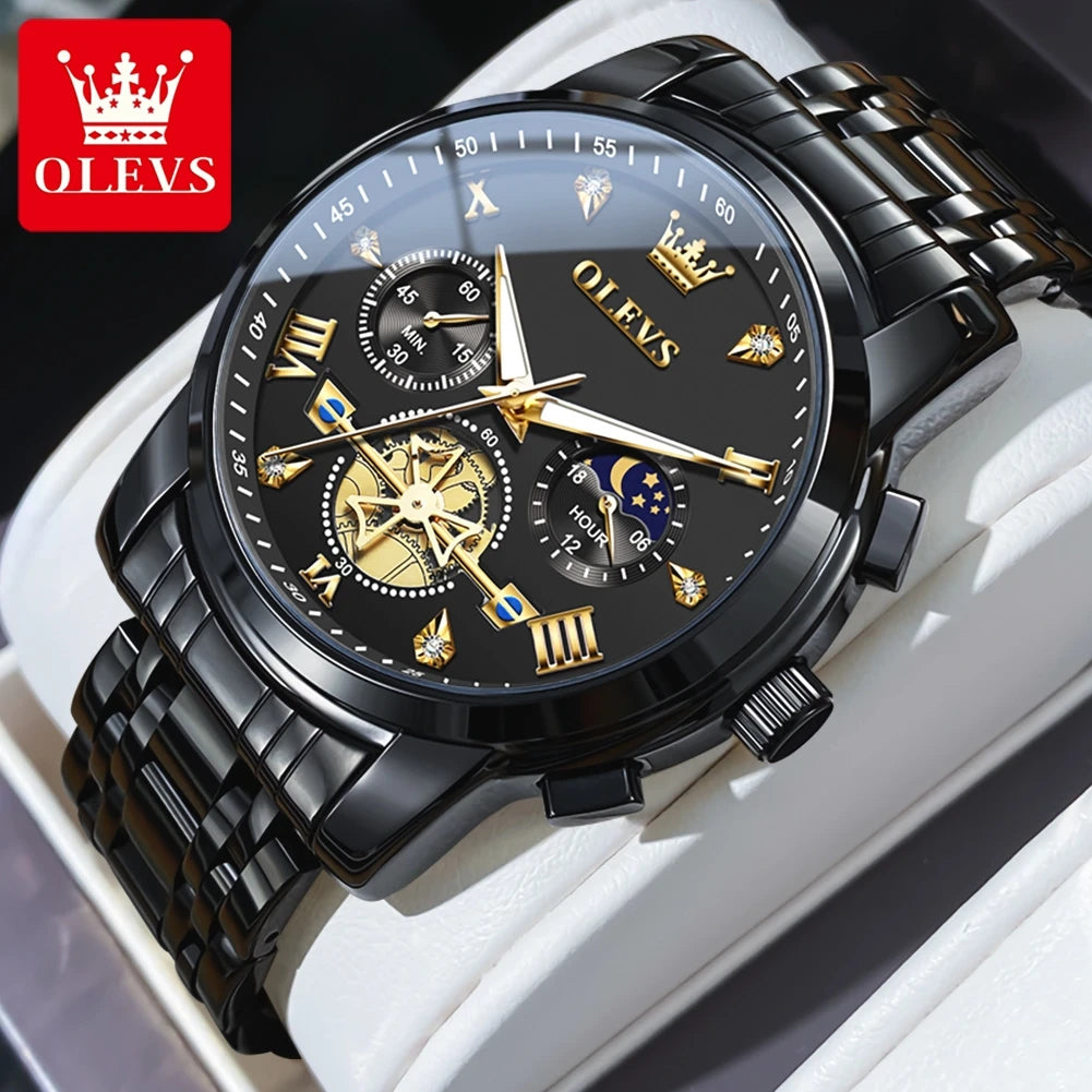 OLEVS Men's Watches Classic Multifunctional Fltwheel Chronograph Original Quartz Wristwatch Moon Phase 24 Hour
