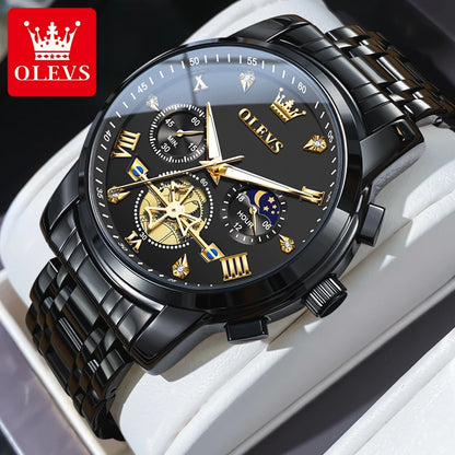 OLEVS Men's Watches Classic Multifunctional Fltwheel Chronograph Original Quartz Wristwatch Moon Phase 24 Hour