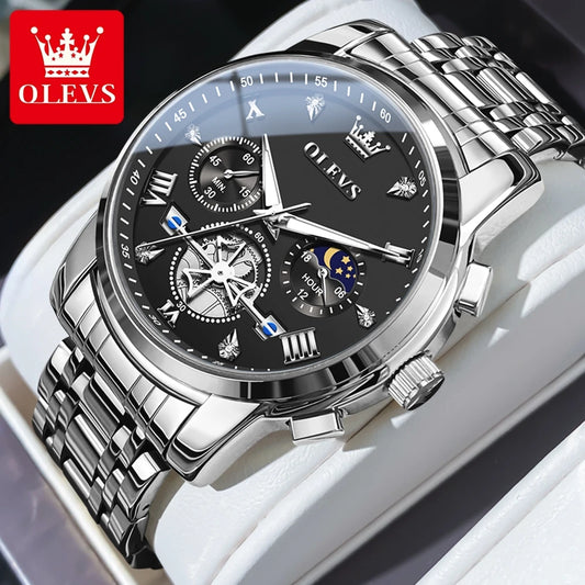 OLEVS Men's Watches Classic Multifunctional Fltwheel Chronograph Original Quartz Wristwatch