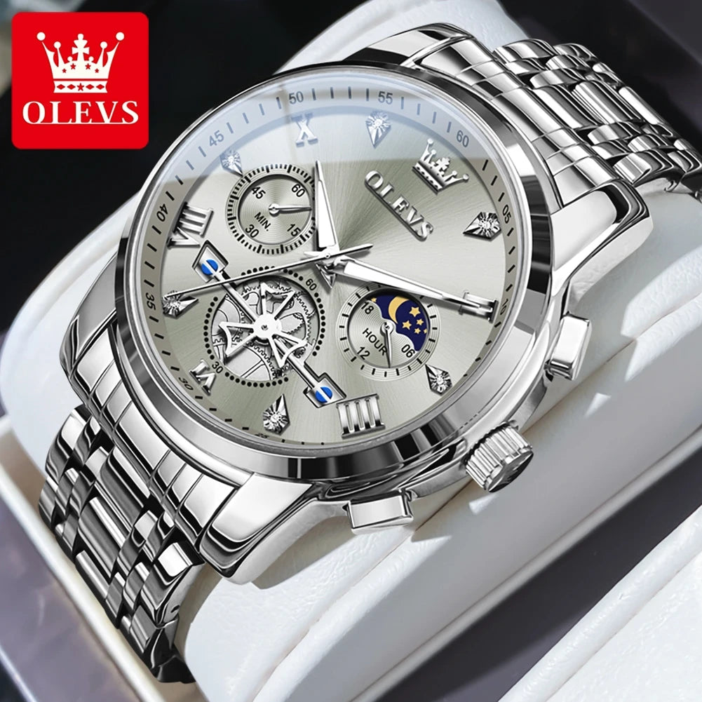 OLEVS Men's Watches Classic Multifunctional Fltwheel Chronograph Original Quartz Wristwatch