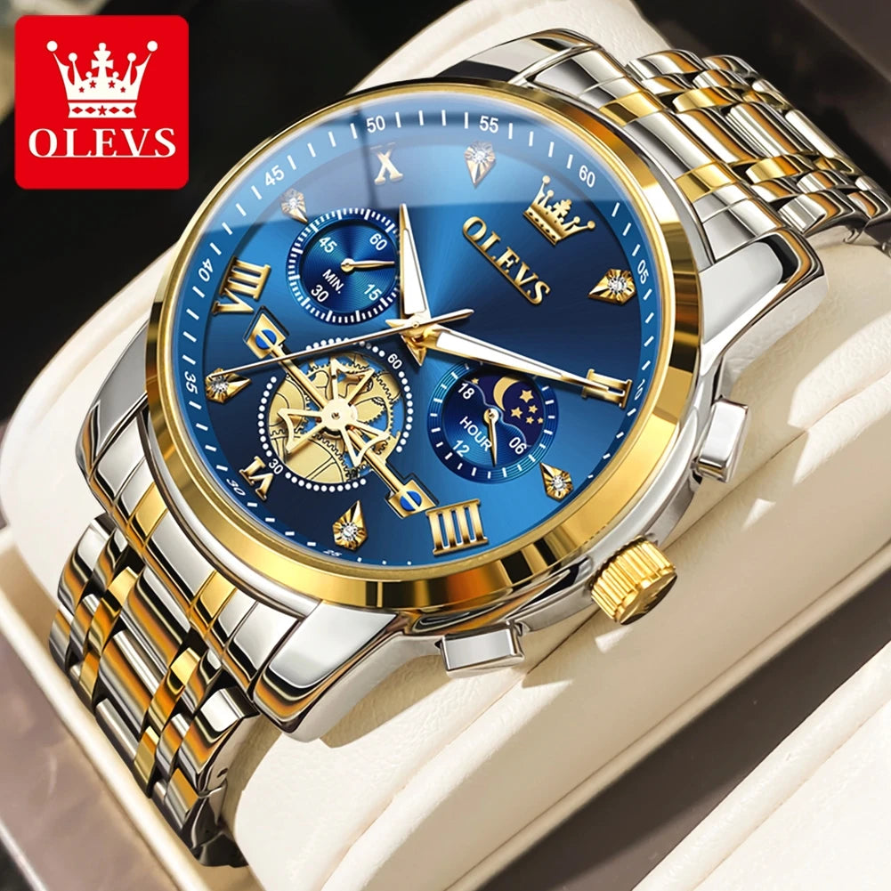 OLEVS Men's Watches Classic Multifunctional Fltwheel Chronograph Original Quartz Wristwatch Moon Phase 24 Hour