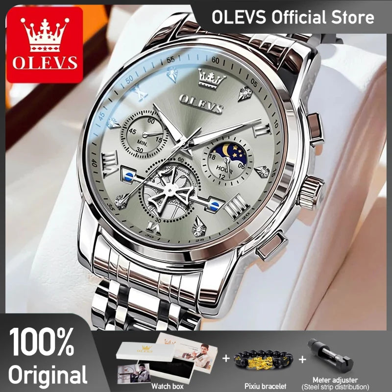 OLEVS Men's Watches Classic Multifunctional Fltwheel Chronograph Original Quartz Wristwatch
