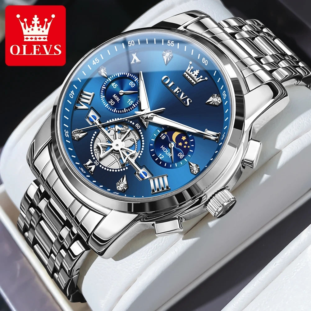 OLEVS Men's Watches Classic Multifunctional Fltwheel Chronograph Original Quartz Wristwatch Moon Phase 24 Hour
