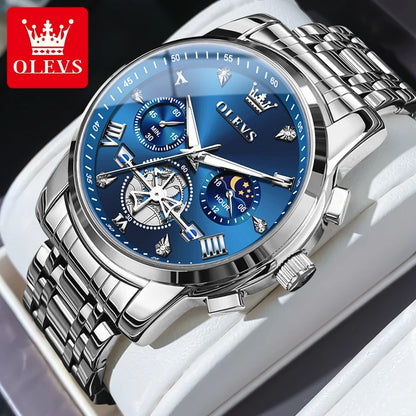 OLEVS Men's Watches Classic Multifunctional Fltwheel Chronograph Original Quartz Wristwatch Moon Phase 24 Hour