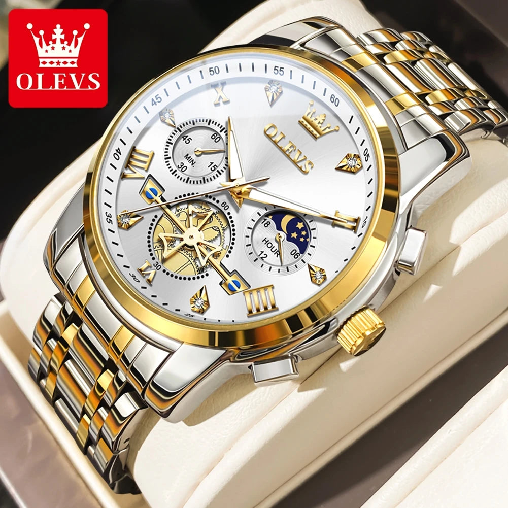 OLEVS Men's Watches Classic Multifunctional Fltwheel Chronograph Original Quartz Wristwatch