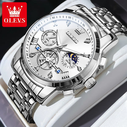 OLEVS Men's Watches Classic Multifunctional Fltwheel Chronograph Original Quartz Wristwatch Moon Phase 24 Hour